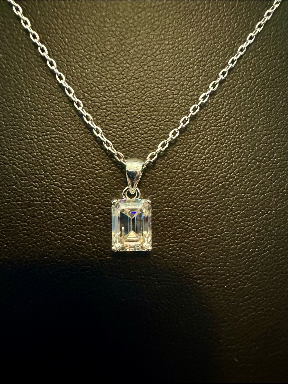 Emerald-Cut Clear Moissanite Pendant Necklace in Silver